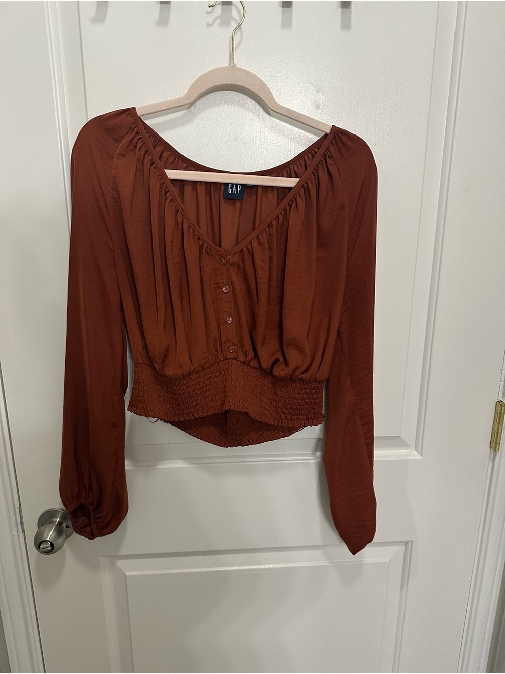 GAP Rust Button-Front Smocked Waist Peasant Top